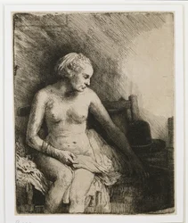 Uma mulher no banho com um chapéu ao lado dela, 1658