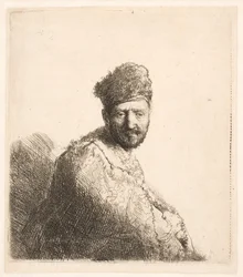 Homem barbudo (o pai de Rembrandt) com gorro oriental forrado a pele e túnica: retrato de meio corpo