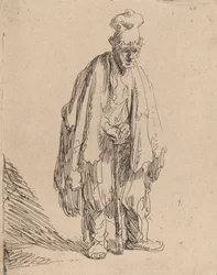 Mendigo em um boné alto, de pé e apoiado em uma vara, c. 1630.