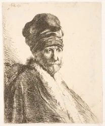 Busto de um homem (o pai de Rembrandt) com um gorro alto, visto de três quartos