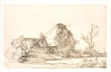 Edifícios de casas de campo e fazenda com um homem desenhando
