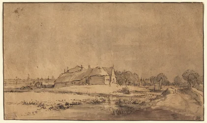 Casas de campo e celeiro ao lado de uma estrada