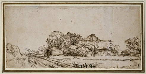 Edifícios agrícolas ao lado de uma estrada (caneta e tinta marrom com lavagem marrom)