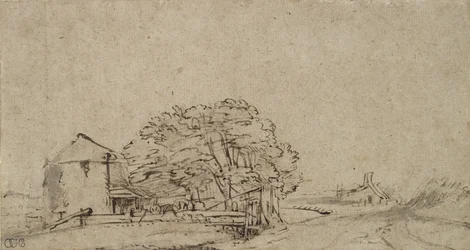 Fazenda de construção ao lado de uma estrada com distante fazenda, 1650-69 (caneta & tinta marrom com lavagem cinza no papel)