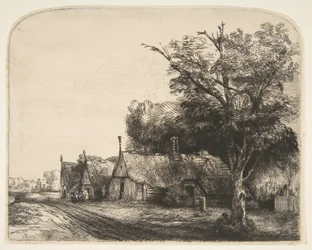 Paisagem com três cabanas de duas águas ao lado de uma estrada, 1650.