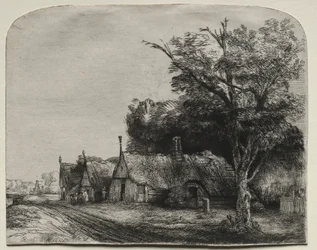 Paisagem com três cabanas de duas águas ao lado de uma estrada, 1650.