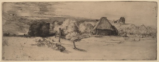 Paisagem com árvores, edifícios agrícolas e uma torre