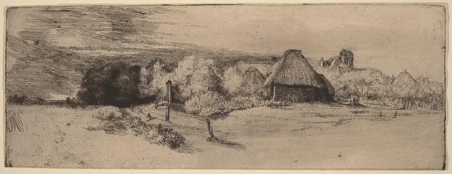 Paisagem com árvores, edifícios agrícolas e uma torre