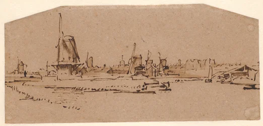 Paisagem com moinhos de vento em um canal a oeste de Amsterdã