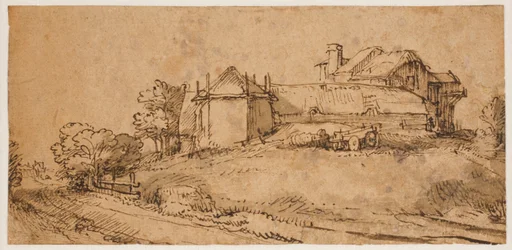 Paisagem com uma casa de fazenda e um celeiro de feno
