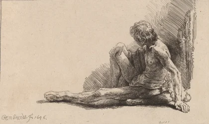 Homem nu sentado no chão com uma perna estendida, 1646.