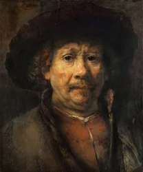 Petit autoportrait - Pequeno Auto-retrato, de Rembrandt van Rhijn (1606-1669). Óleo sobre madeira, ca 1657 . Dimensão : 48x40,6 cm. Museu de História de Arte, Vienne