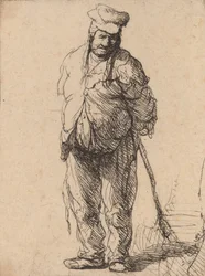 Camponês esfarrapado com as mãos atrás dele, segurando uma vara, c. 1630.