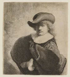 Rembrandt com um chapéu mole inclinado