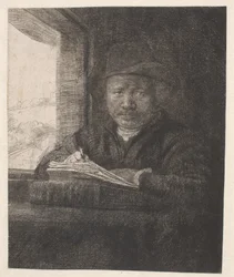 Rembrandt desenhando em uma janela