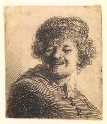 Rembrandt em um boné, rindo: busto