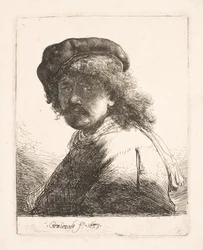 Rembrandt com boné e cachecol: rosto sombrio: busto