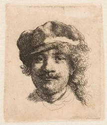 Rembrandt com um boné de tecido leve: de frente: apenas a cabeça