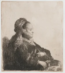 Sentada a Mãe de Rembrandt
A mãe da artista sentada, com um toucado oriental: meio comprimento