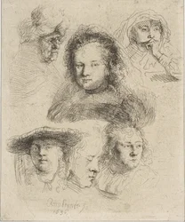 A esposa de Rembrandt e cinco outras cabeças, 1636.