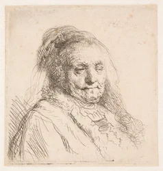 A mãe de Rembrandt: cabeça e busto, em três quartos