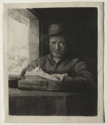 Desenho de autorretrato em uma janela