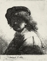 Auto-retrato em um boné e lenço com o rosto escuro, 1633