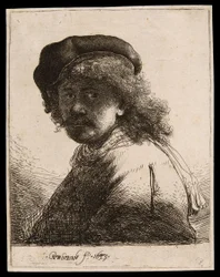 Autorretrato de boné e lenço com o rosto escuro: busto