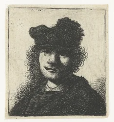 Auto-retrato de boné e manto escuro: busto