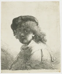 Autorretrato de boné e lenço com o rosto escuro: busto