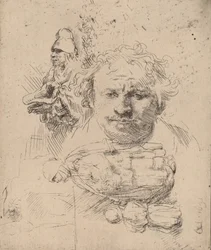 Folha de estudos com o chefe do artista, um mendigo e mulher e criança, 1651.