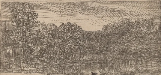 Pequena paisagem cinza: uma casa e árvores ao lado de uma piscina, c. 1640.