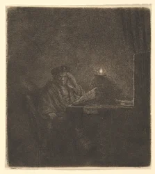 Estudante em uma mesa por Candlelight, ca. 1642