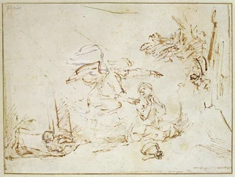 O Anjo Aparece para Agar e Ismael no Deserto (caneta e tinta marrom com bodycolour no papel)