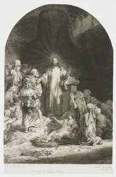 A Gravura dos Cem Gulden: a peça central com Cristo a pregar, a placa em arco