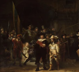 A Vigilância Nocturna
Oficiais e outros guardas cívicos do Distrito II em Amesterdão, sob o comando do Capitão Frans Banninck Cocq e do Tenente Willem van Ruytenburch, conhecido como "The Night Watch".