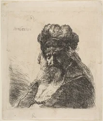O velho barbudo em um boné de pêlo alto, com os olhos fechados, ca. 1635