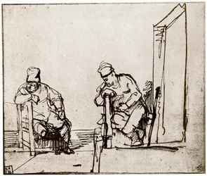 Dois homens sentados em uma entrada, 1913.