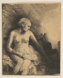 Mulher no banho com um chapéu ao lado dela, 1658.