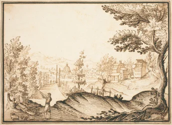 Uma paisagem com um edifício abobadado