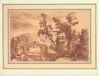 Uma paisagem montanhosa com uma ponte sobre um rio, figuras numa estrada junto a uma quinta à direita (tinta e lavagem com giz sobre papel)