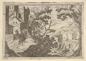 Paisagem com edifícios à esquerda e uma ponte logo abaixo, ca. 1620-50.