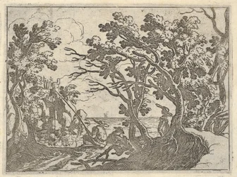Paisagem com pescador em terra e espectador masculino sob árvores, um homem em uma proa de barco ..., ca. 1620-50.