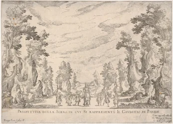 Vista da cena em que está representado o julgamento de Paris Prospettiva della scena i ..., 1608.