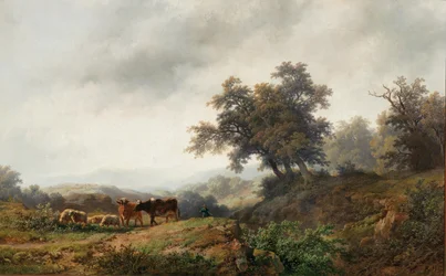 Paisagem aberta com vacas e pastores