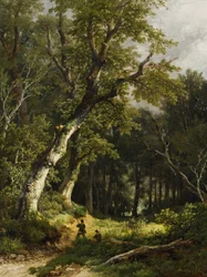Paisagem arborizada com dois caçadores