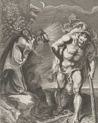 São Cristóvão carregando o Menino Jesus através de um riacho, outro homem segurando um ..., ca. 1636-80.