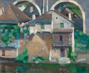 Casas no Vézère em Uzerche (óleo sobre papelão)