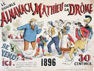 Cartaz publicitário para o Almanach Mathieu de la Drôme 1896 (um camponês que dá conselhos de colheita à multidão que se apressa no livro), 30 cêntimos.