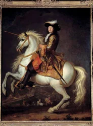 Retrato equestre de Luís XIV (1638-1715). Calções de botas. Pintura de René Antoine Houasse (1645-1710) Sol do século XVII. 2,55 x 2 m